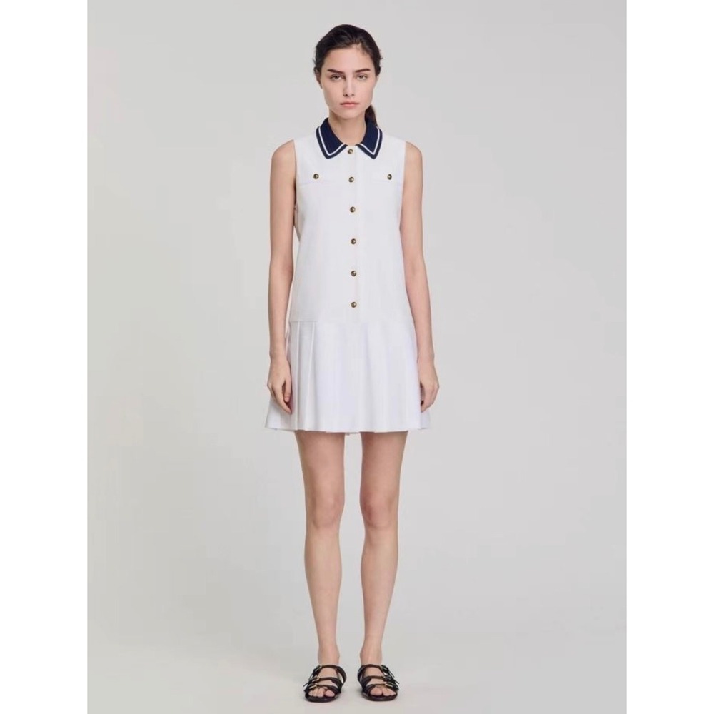 NEW Sandro Lune Pleated Mini Dress 10 White Sleeveless Quiet Luxury Minimalist